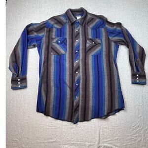 Wrangler Men’s XLT Blue & Brown Striped Pearl Snap Western Shirt Classic Casual
